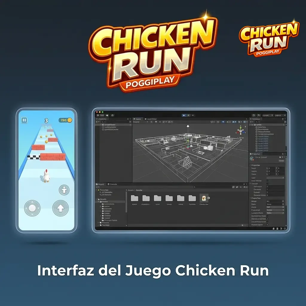 Interfaz del juego Chicken Run con multiplicador en ascenso, controles de apuesta y personaje animado visible en pantalla